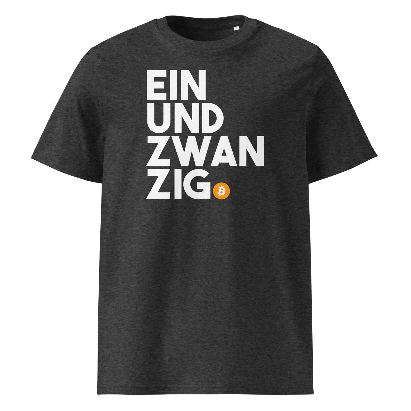 Einundzwanzig organic cotton bitcoin t-shirt in Dark Heather Grey, front view: Einundzwanzig stacked in black block letters with an orange bitcoin coin.