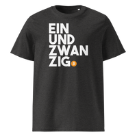 Einundzwanzig organic cotton bitcoin t-shirt in Dark Heather Grey, front view: Einundzwanzig stacked in black block letters with an orange bitcoin coin.
