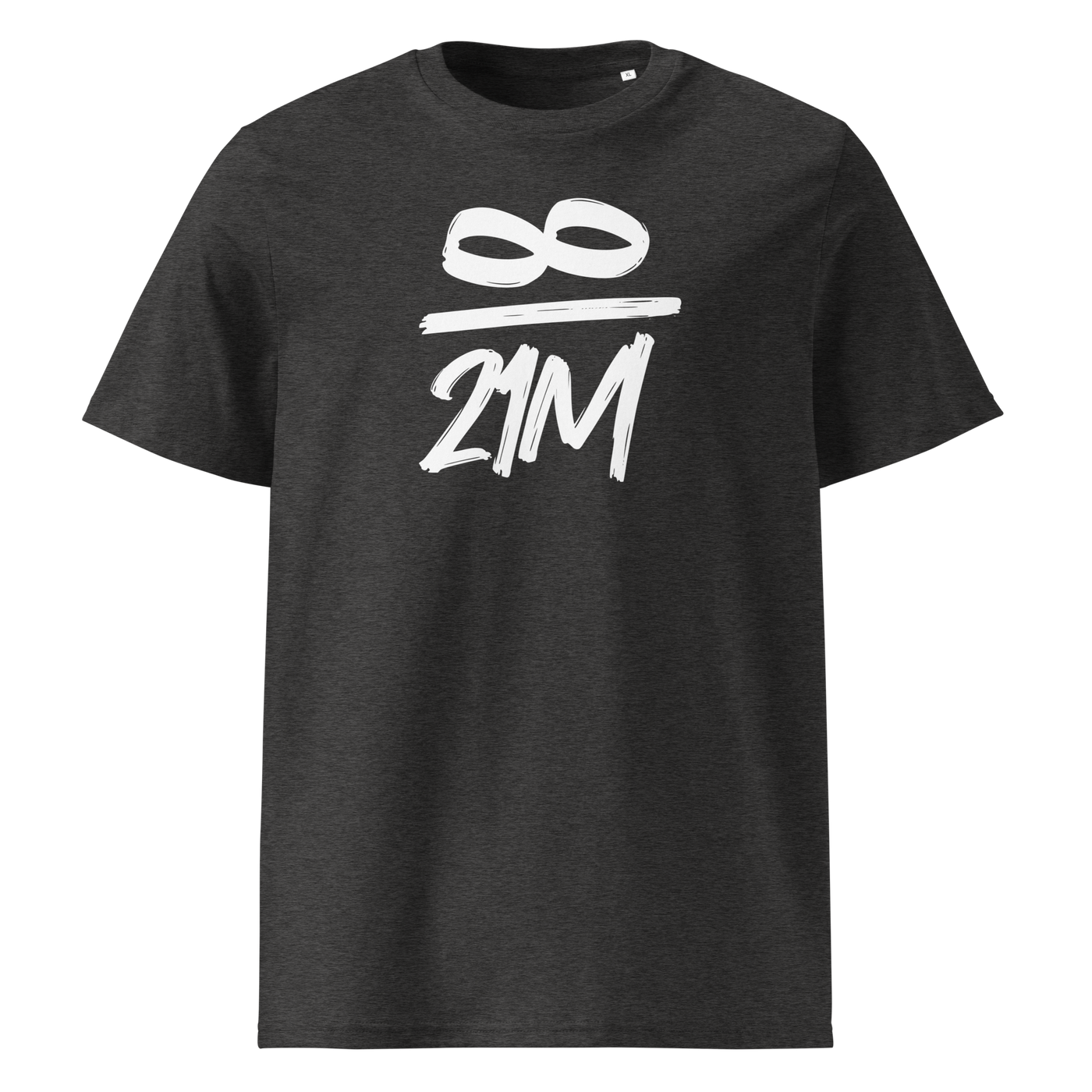 Infinity / 21 Million organic cotton bitcoin t-shirt in Dark Heather Grey, front view: an infinity symbol over 21M in black brush lettering.