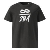 Infinity / 21 Million organic cotton bitcoin t-shirt in Dark Heather Grey, front view: an infinity symbol over 21M in black brush lettering.