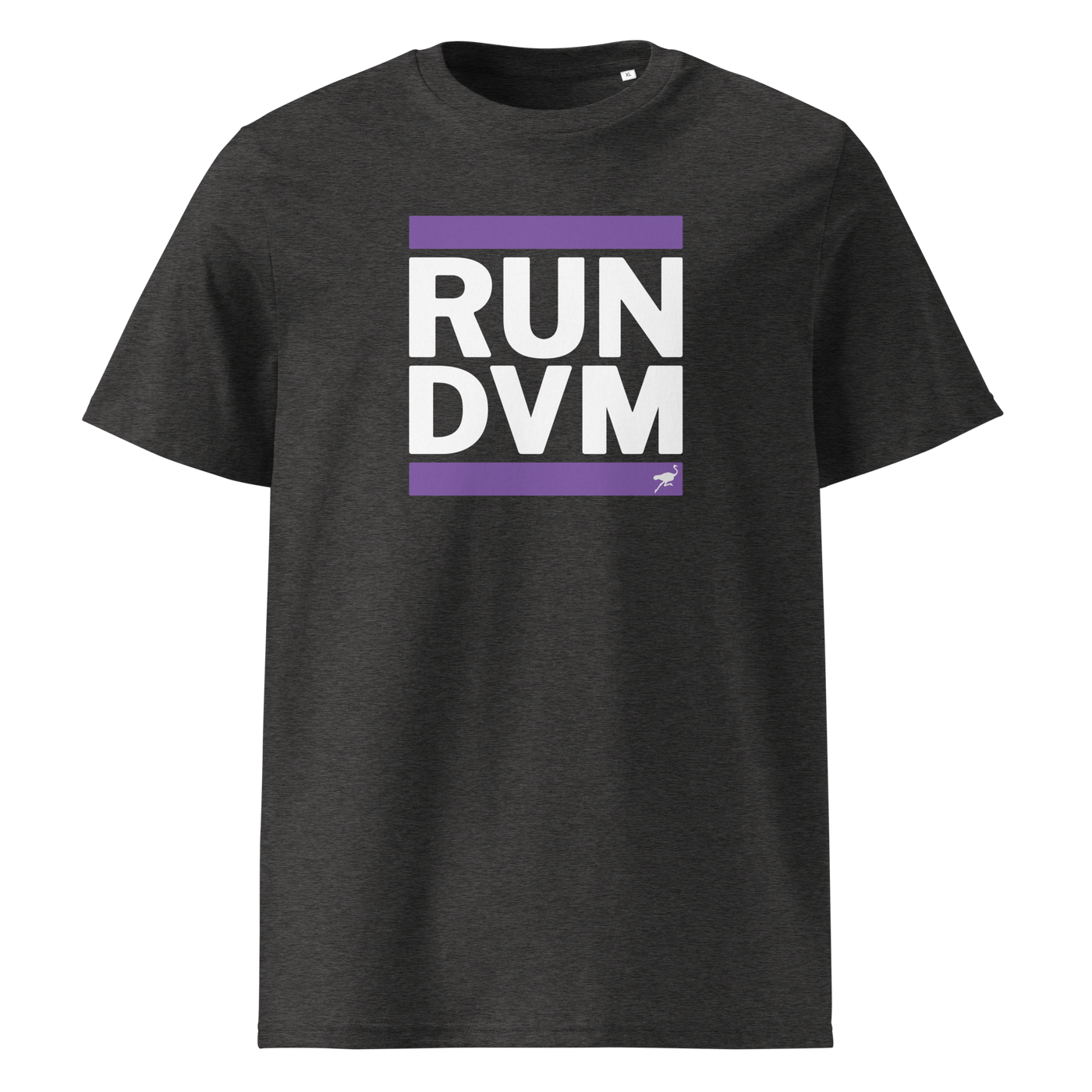 RUN DVM organic cotton nostr t-shirt in Dark Heather Grey, front view: RUN DVM in black capitals between two purple bars.