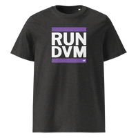 RUN DVM organic cotton nostr t-shirt in Dark Heather Grey, front view: RUN DVM in black capitals between two purple bars.