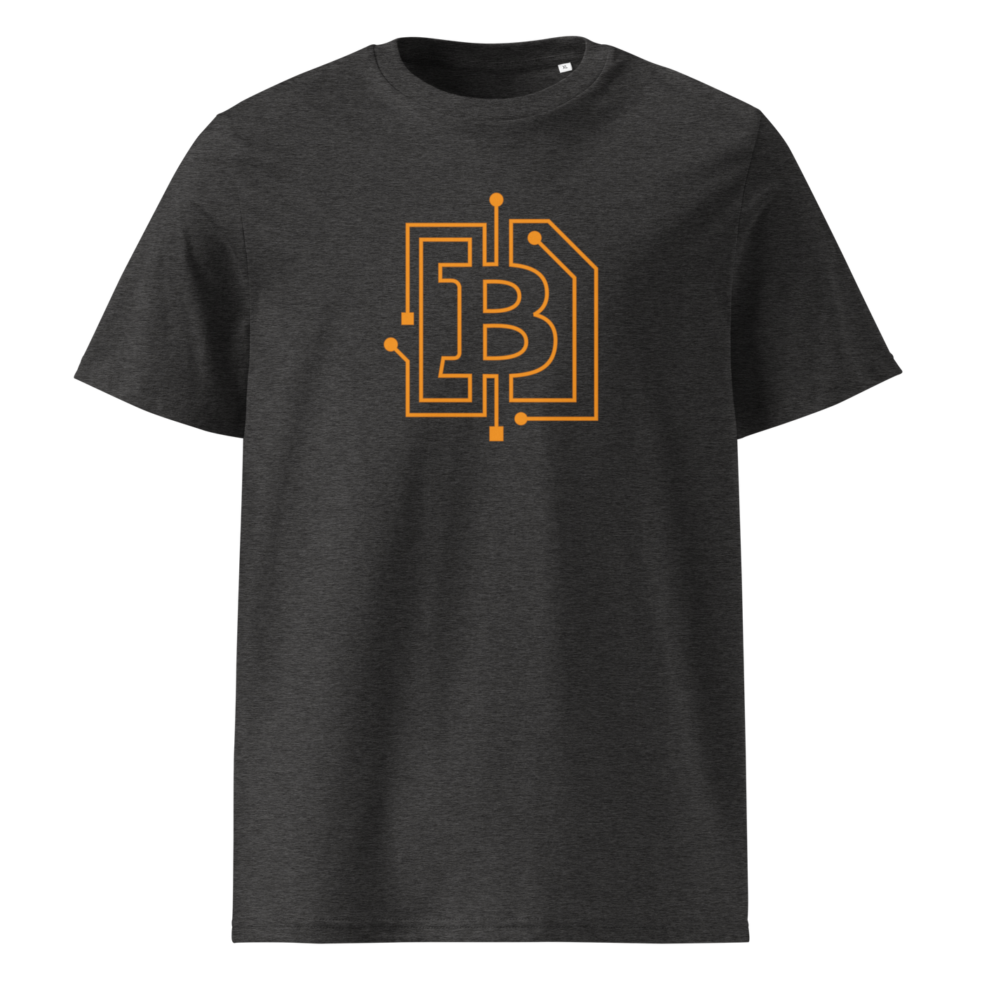 Circuit Board organic cotton bitcoin t-shirt in Dark Heather Grey, front view: an orange bitcoin B drawn as circuit board traces.