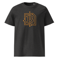 Circuit Board organic cotton bitcoin t-shirt in Dark Heather Grey, front view: an orange bitcoin B drawn as circuit board traces.