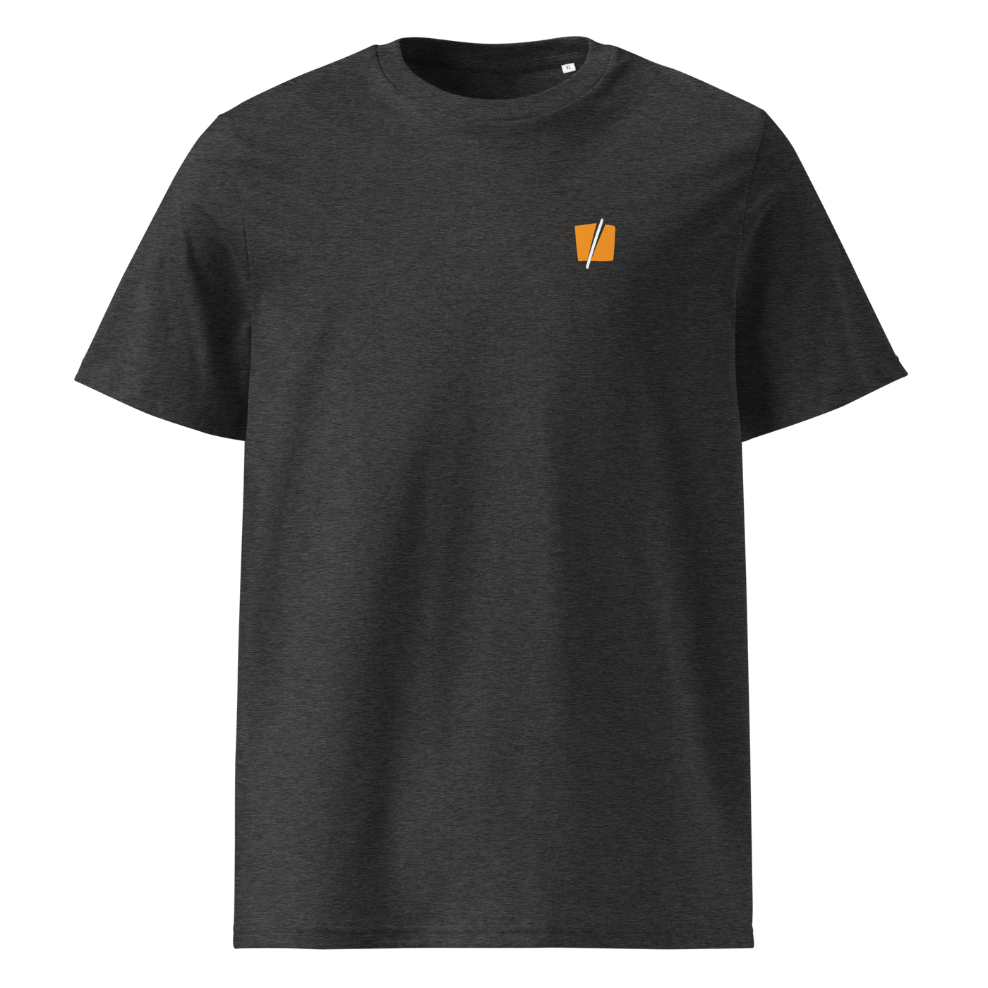 Bitcoin Halving organic cotton bitcoin t-shirt in Dark Heather Grey, front view: a small halved orange bitcoin symbol on the left chest.