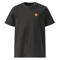 Bitcoin Halving organic cotton bitcoin t-shirt in Dark Heather Grey, front view: a small halved orange bitcoin symbol on the left chest.