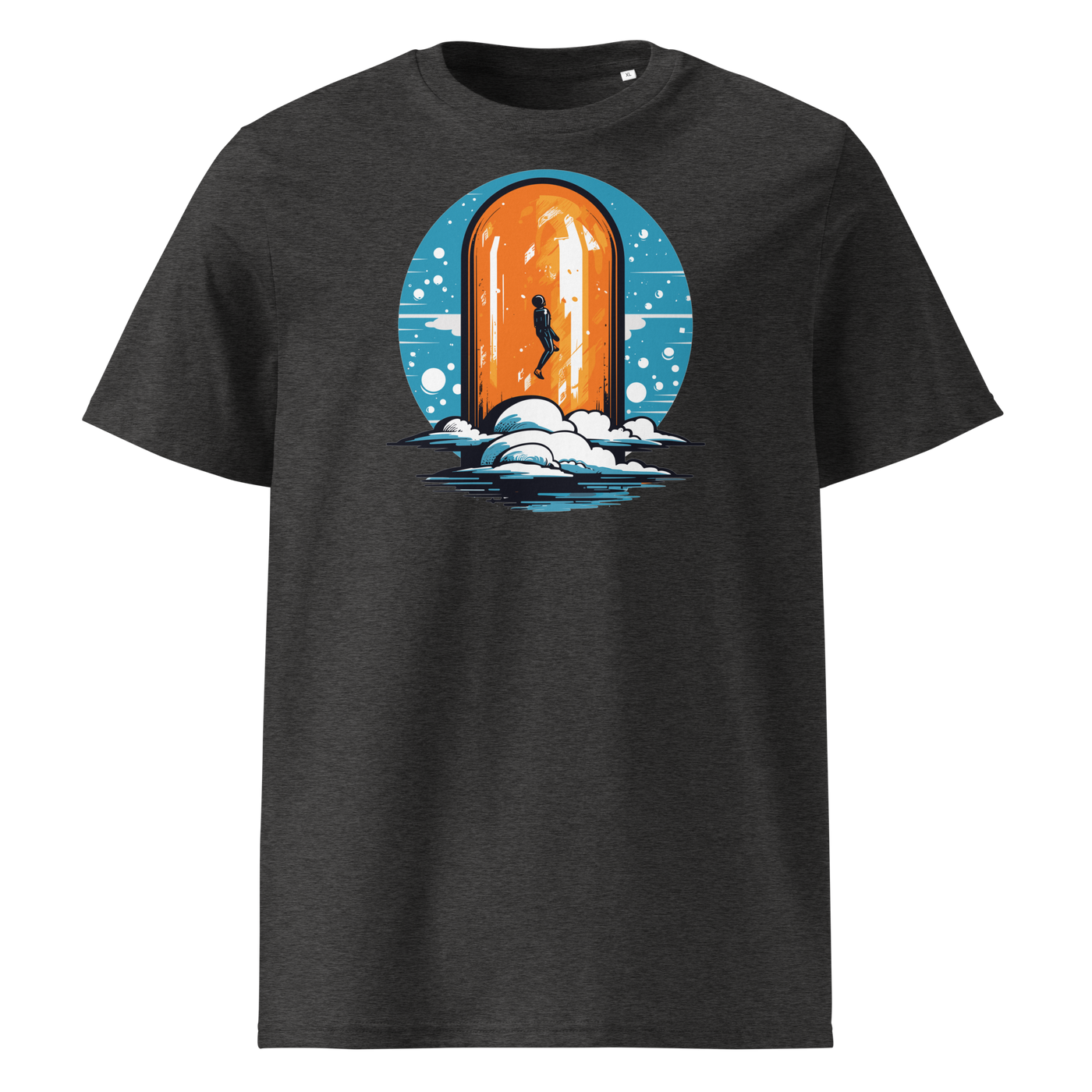 Orange Pill organic cotton bitcoin t-shirt in Dark Heather Grey, front view: a silhouette stepping through an orange pill shaped doorway above the clouds.