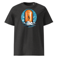 Orange Pill organic cotton bitcoin t-shirt in Dark Heather Grey, front view: a silhouette stepping through an orange pill shaped doorway above the clouds.