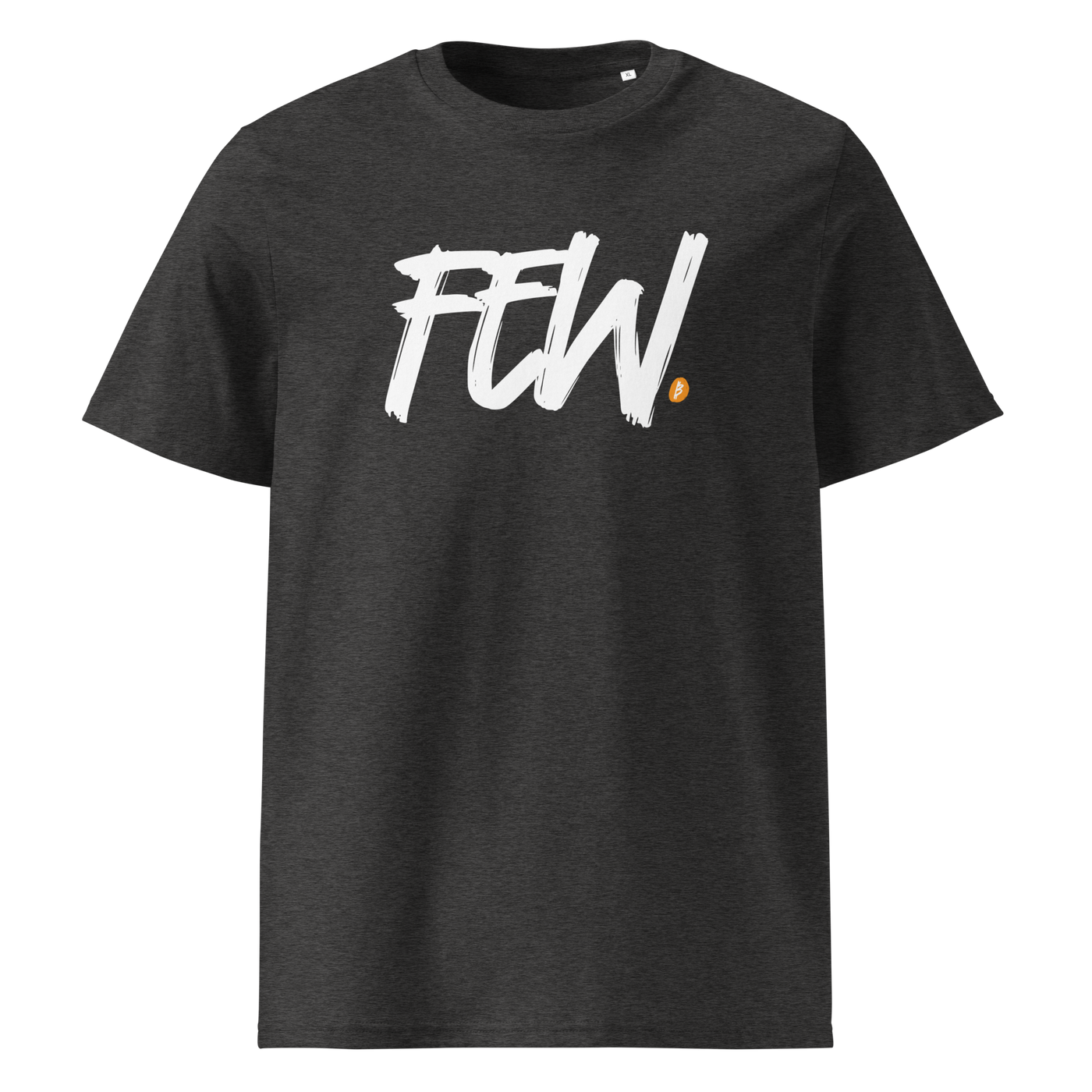 Few organic cotton bitcoin t-shirt in Dark Heather Grey, front view: FEW. in black brush lettering with an orange bitcoin dot.