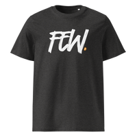 Few organic cotton bitcoin t-shirt in Dark Heather Grey, front view: FEW. in black brush lettering with an orange bitcoin dot.