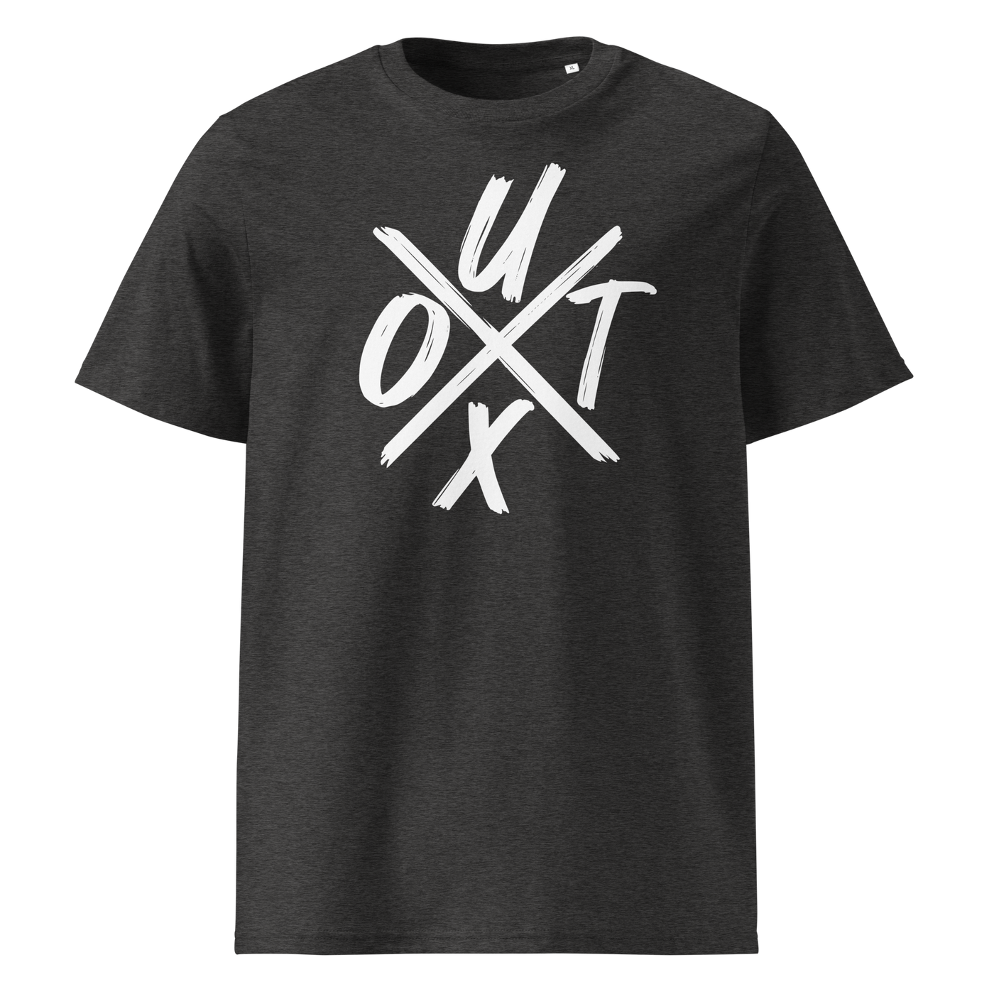 UTXO Management organic cotton bitcoin t-shirt in Dark Heather Grey, front view: the letters UTXO arranged around a brushed cross.