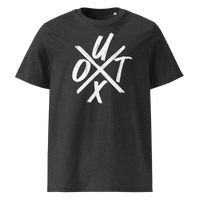 UTXO Management organic cotton bitcoin t-shirt in Dark Heather Grey, front view: the letters UTXO arranged around a brushed cross.