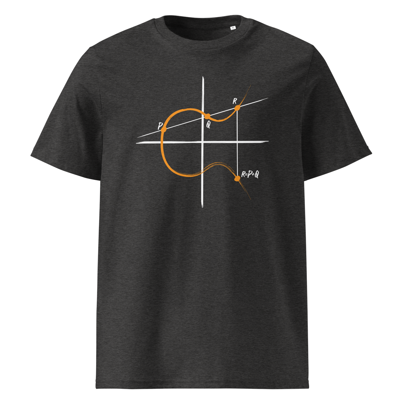 Elliptic Curve Cryptography organic cotton bitcoin t-shirt in Dark Heather Grey, front view: a line drawing of an elliptic curve with the points P, Q and R.
