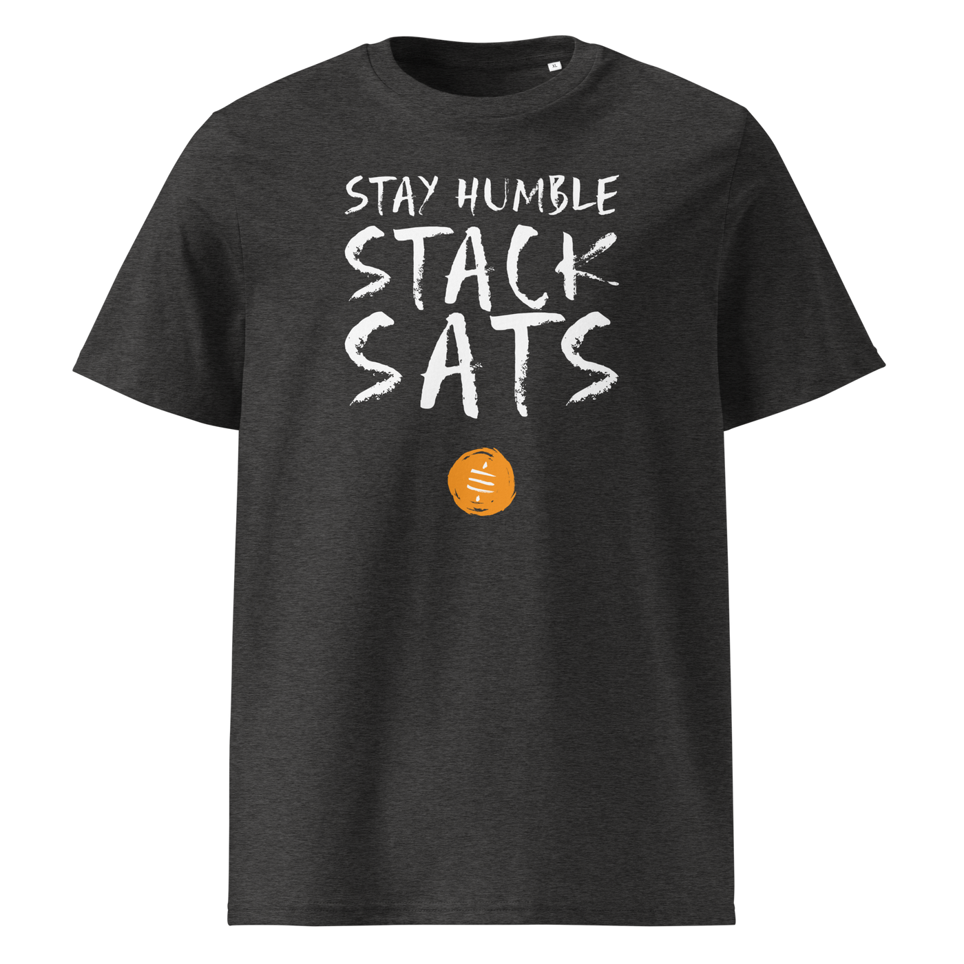 Stay Humble Stack Sats organic cotton bitcoin t-shirt in Dark Heather Grey, front view: Stay Humble Stack Sats in black lettering above an orange sats coin.