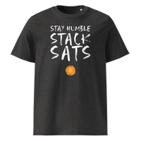 Stay Humble Stack Sats organic cotton bitcoin t-shirt in Dark Heather Grey, front view: Stay Humble Stack Sats in black lettering above an orange sats coin.