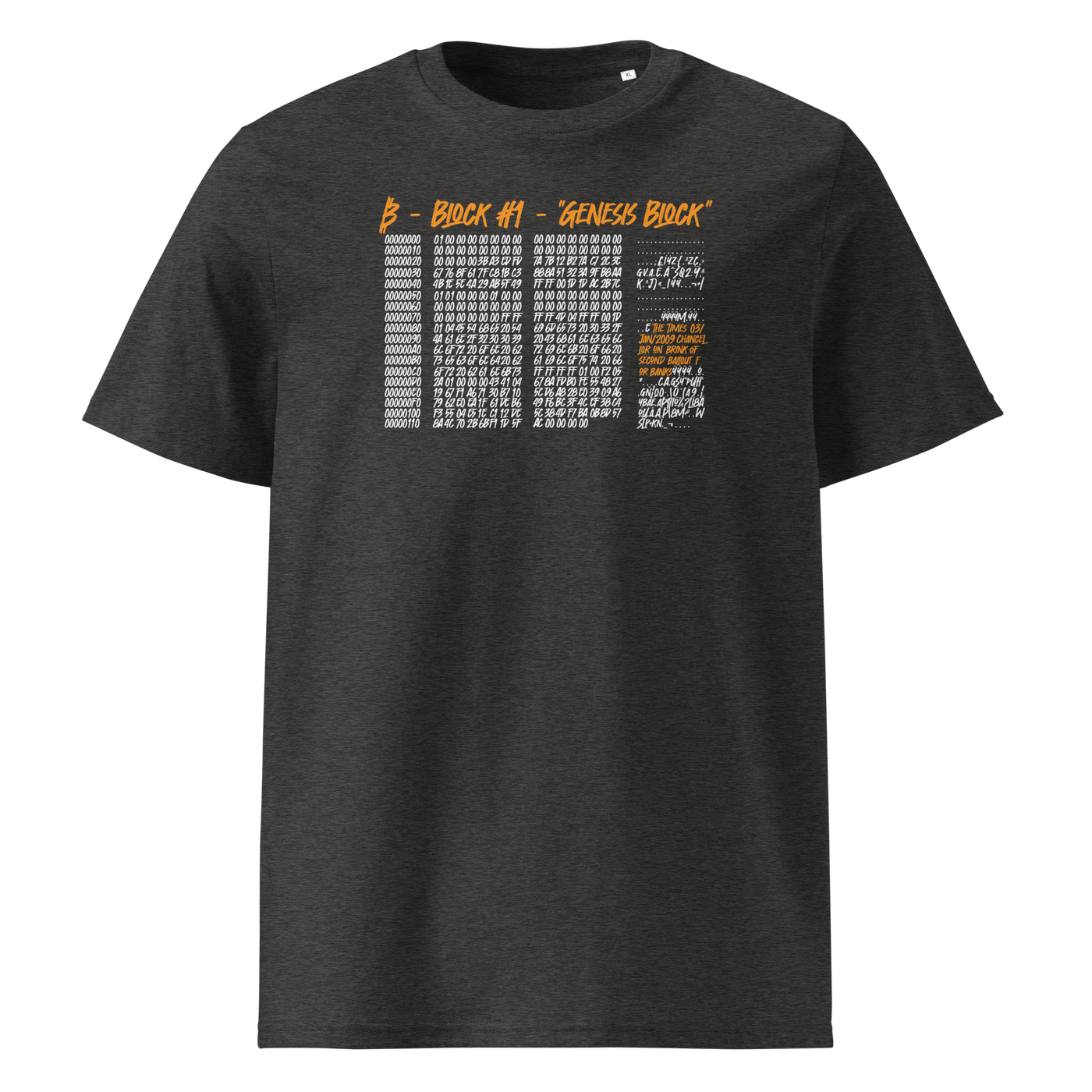 Genesis Block organic cotton bitcoin t-shirt in Dark Heather Grey, front view: the raw data of Bitcoin's genesis block in grey and orange.