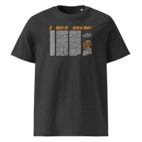 Genesis Block organic cotton bitcoin t-shirt in Dark Heather Grey, front view: the raw data of Bitcoin's genesis block in grey and orange.
