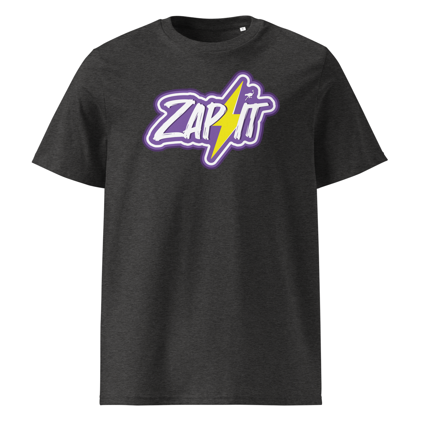 Zap It Nostr organic cotton nostr t-shirt in Dark Heather Grey, front view: Zap It in purple graffiti letters with a yellow lightning bolt.