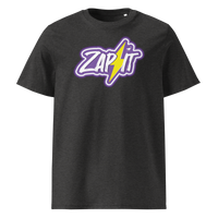 Zap It Nostr organic cotton nostr t-shirt in Dark Heather Grey, front view: Zap It in purple graffiti letters with a yellow lightning bolt.