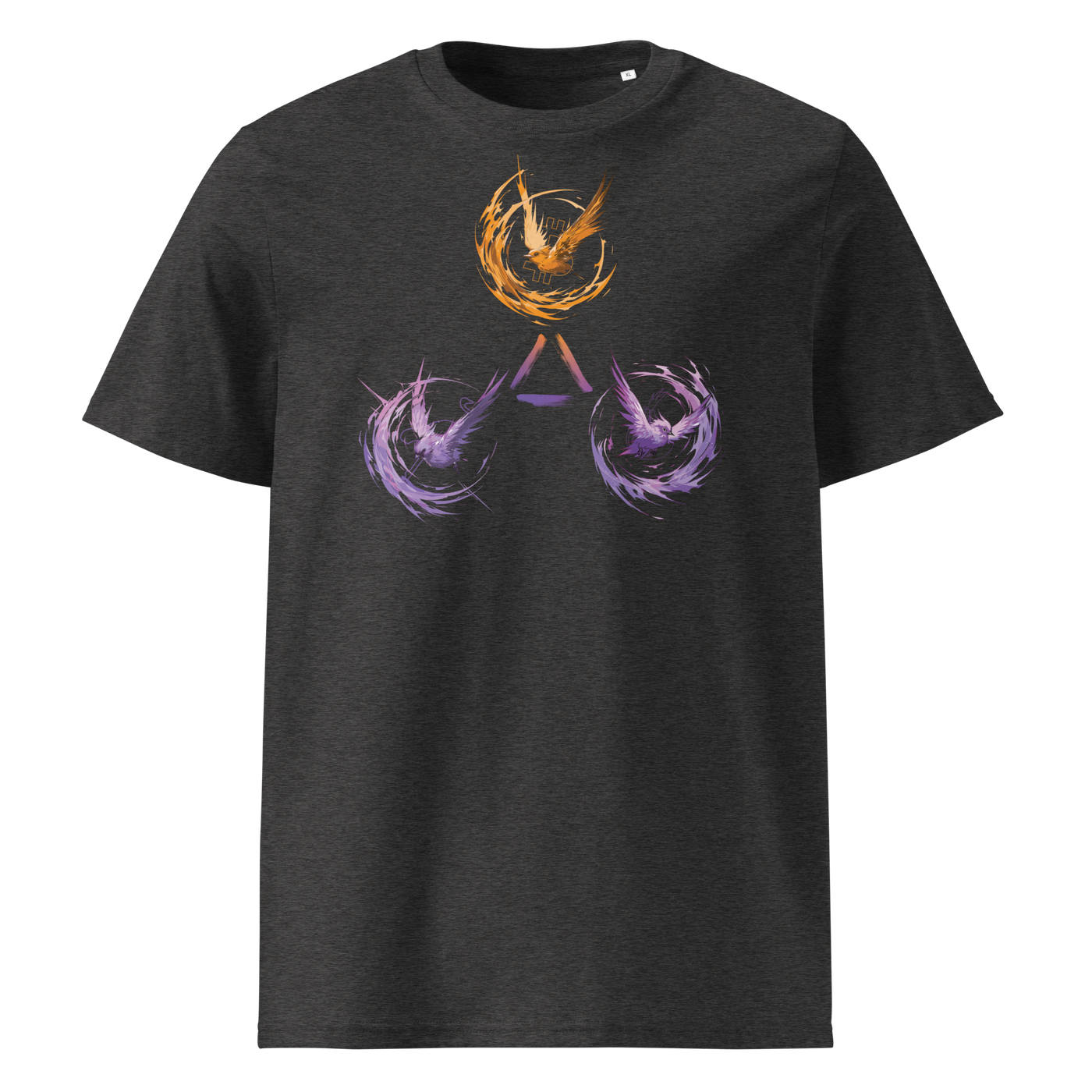 Trinity of Freedom organic cotton bitcoin t-shirt in Dark Heather Grey, front view: three stylised birds, one orange and two purple, around a triangle.