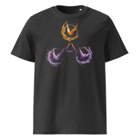Trinity of Freedom organic cotton bitcoin t-shirt in Dark Heather Grey, front view: three stylised birds, one orange and two purple, around a triangle.