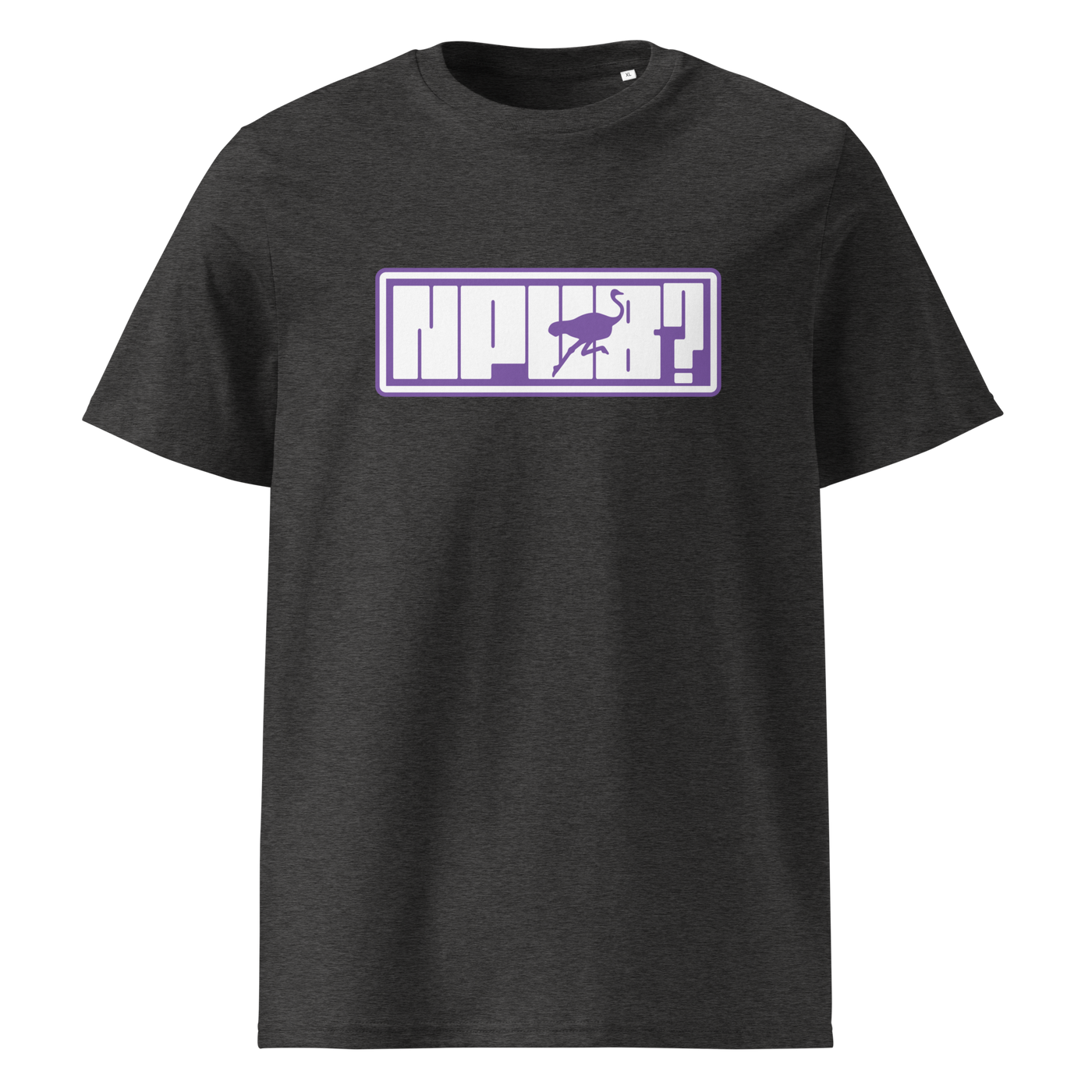 nPub Nostr organic cotton nostr t-shirt in Dark Heather Grey, front view: nPub in purple letters in a frame with an ostrich.