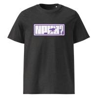 nPub Nostr organic cotton nostr t-shirt in Dark Heather Grey, front view: nPub in purple letters in a frame with an ostrich.