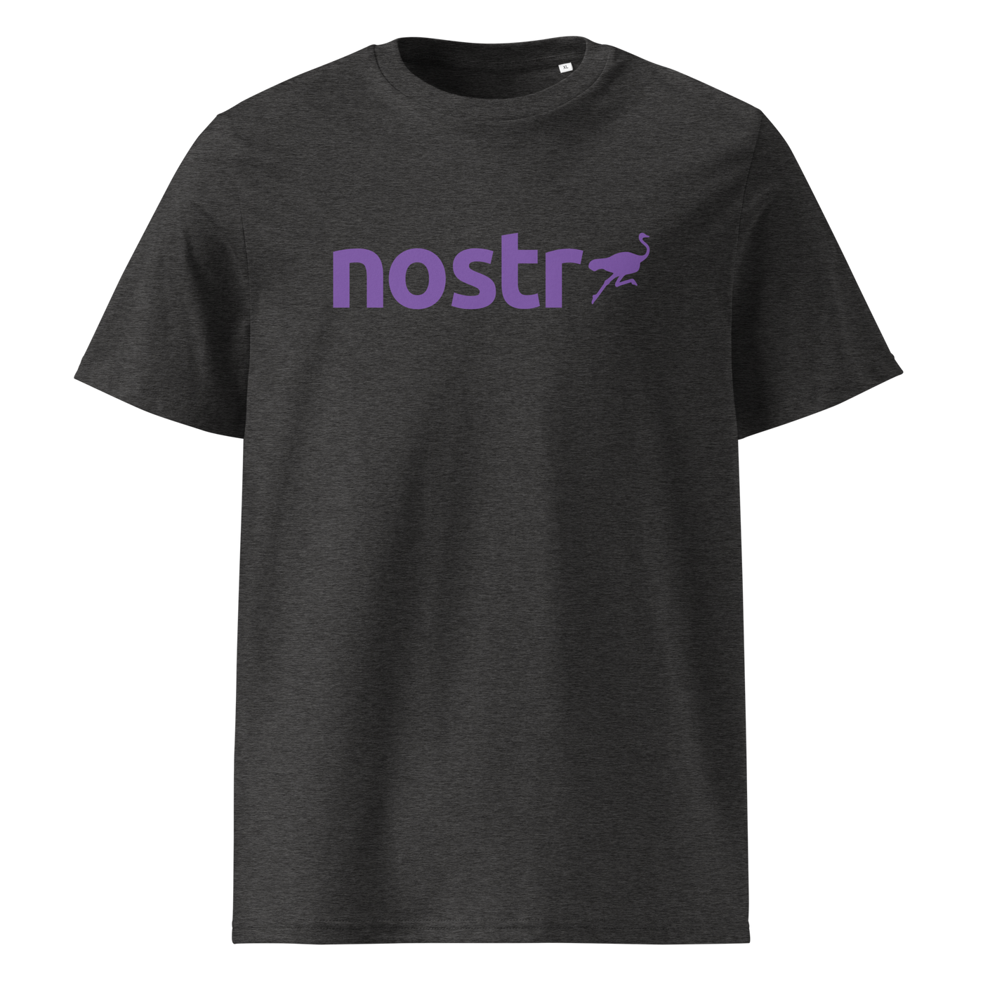 Nostr organic cotton nostr t-shirt in Dark Heather Grey, front view: the nostr wordmark in purple with an ostrich.