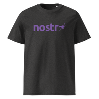 Nostr organic cotton nostr t-shirt in Dark Heather Grey, front view: the nostr wordmark in purple with an ostrich.