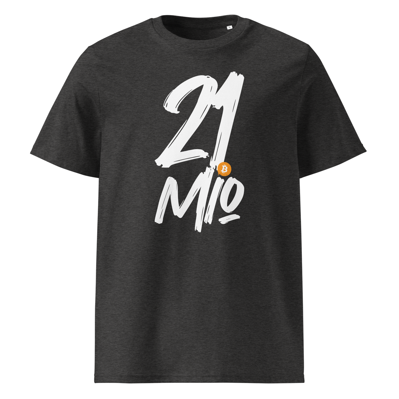 21 Million organic cotton bitcoin t-shirt in Dark Heather Grey, front view: 21 Mio. in black brush lettering with an orange bitcoin coin.