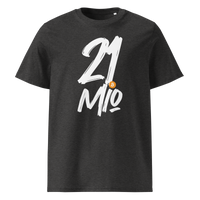 21 Million organic cotton bitcoin t-shirt in Dark Heather Grey, front view: 21 Mio. in black brush lettering with an orange bitcoin coin.
