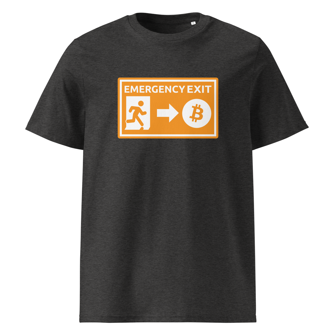 Emergency Exit organic cotton bitcoin t-shirt in Dark Heather Grey, front view: an orange emergency exit sign where the running figure heads towards a bitcoin symbol.