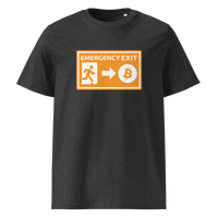 Emergency Exit organic cotton bitcoin t-shirt in Dark Heather Grey, front view: an orange emergency exit sign where the running figure heads towards a bitcoin symbol.
