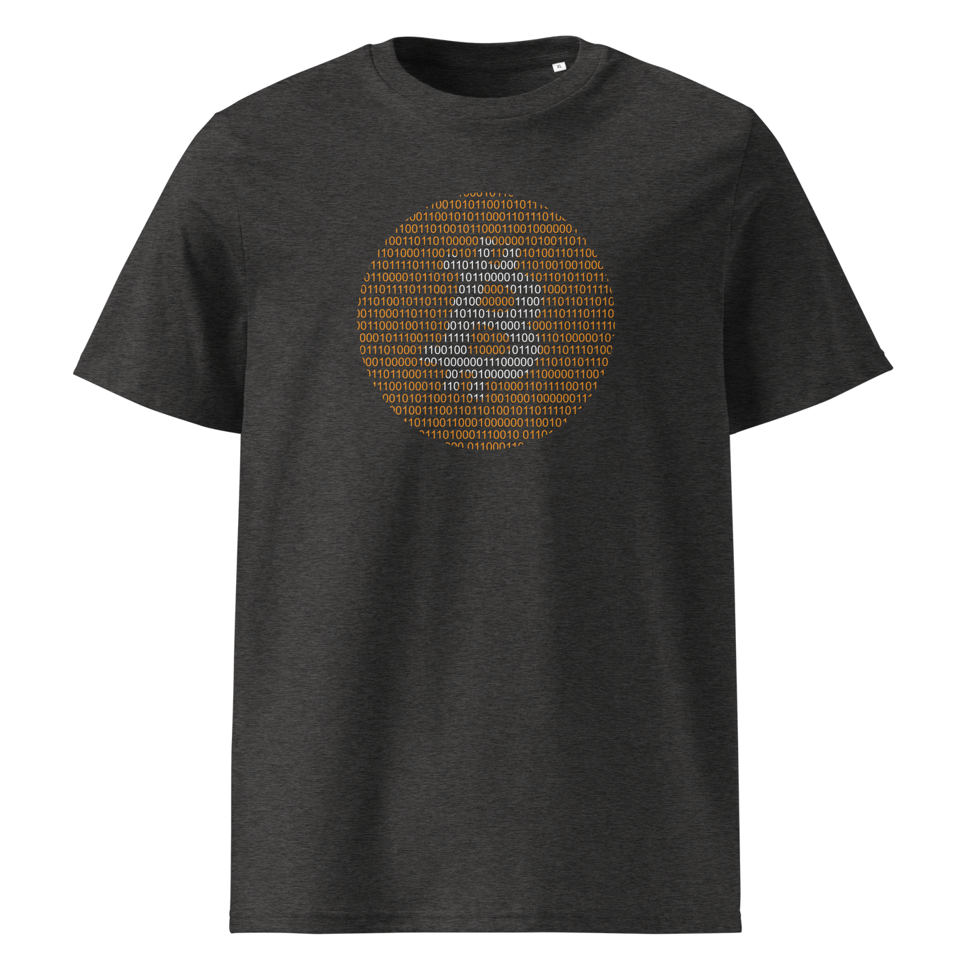 Bitcoin Binary organic cotton bitcoin t-shirt in Dark Heather Grey, front view: an orange bitcoin symbol built from binary digits.