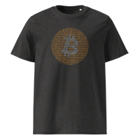 Bitcoin Binary organic cotton bitcoin t-shirt in Dark Heather Grey, front view: an orange bitcoin symbol built from binary digits.