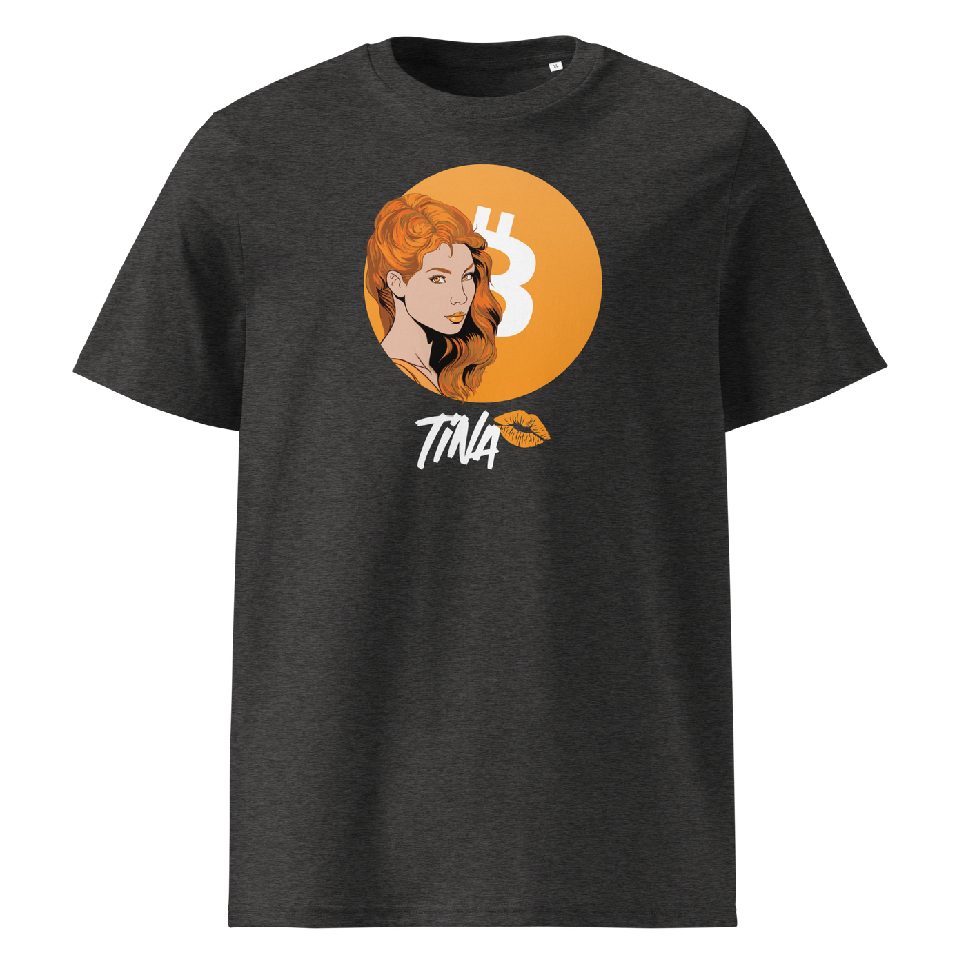 TINA organic cotton bitcoin t-shirt in Dark Heather Grey, front view: an illustrated red haired woman in front of an orange bitcoin circle, signed TINA.
