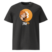 TINA organic cotton bitcoin t-shirt in Dark Heather Grey, front view: an illustrated red haired woman in front of an orange bitcoin circle, signed TINA.