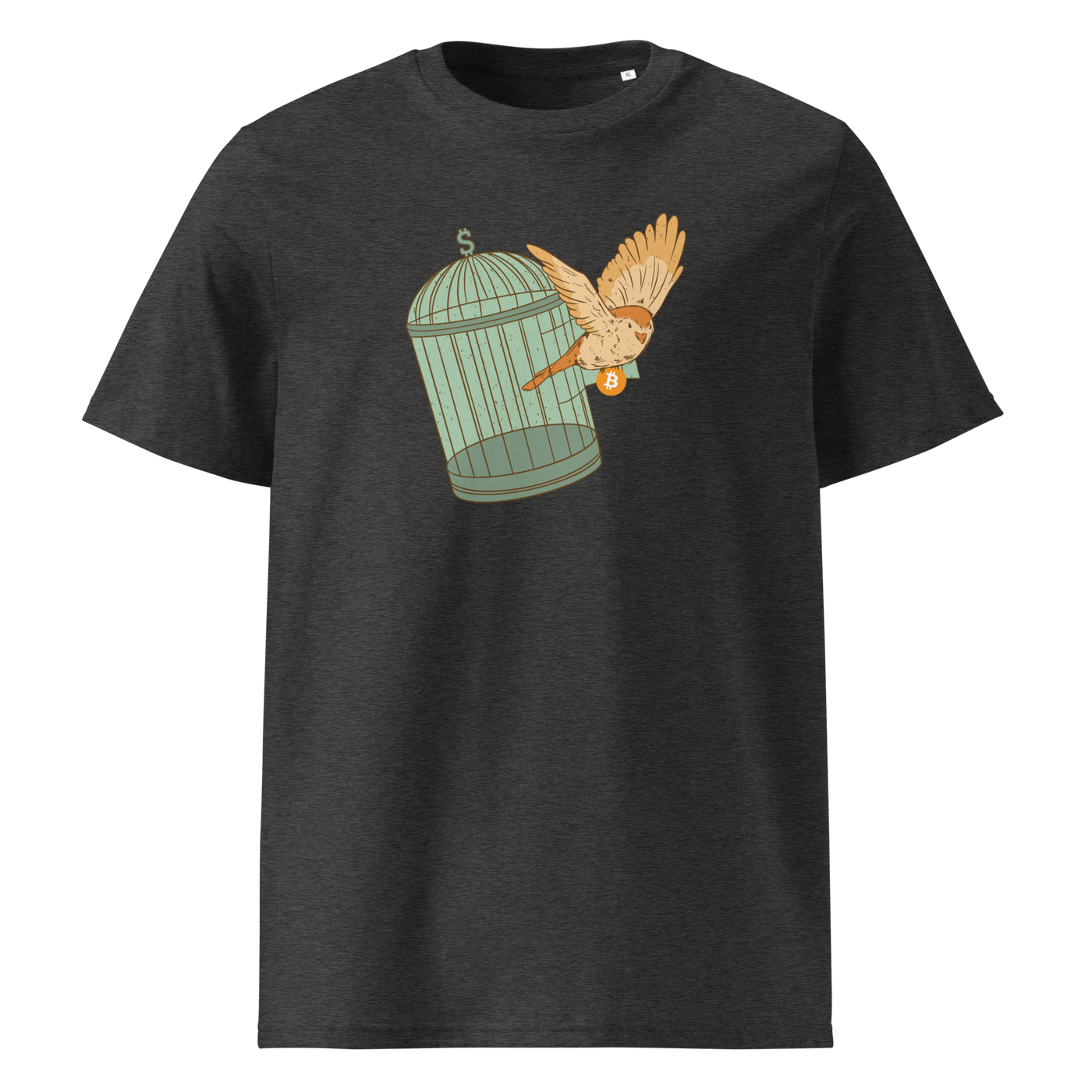 Escape from Fiat Madness organic cotton bitcoin t-shirt in Dark Heather Grey, front view: an orange bird escaping from an open green birdcage.