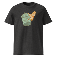 Escape from Fiat Madness organic cotton bitcoin t-shirt in Dark Heather Grey, front view: an orange bird escaping from an open green birdcage.