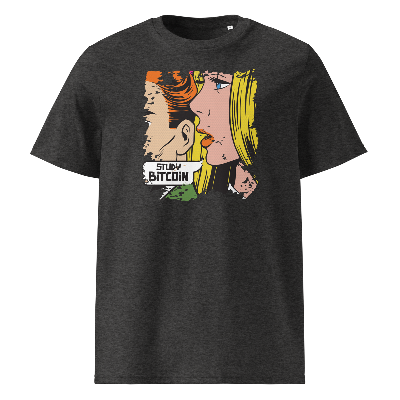 Study Bitcoin organic cotton bitcoin t-shirt in Dark Heather Grey, front view: a pop art comic scene of a couple whispering, captioned Study Bitcoin.