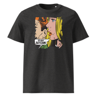 Study Bitcoin organic cotton bitcoin t-shirt in Dark Heather Grey, front view: a pop art comic scene of a couple whispering, captioned Study Bitcoin.