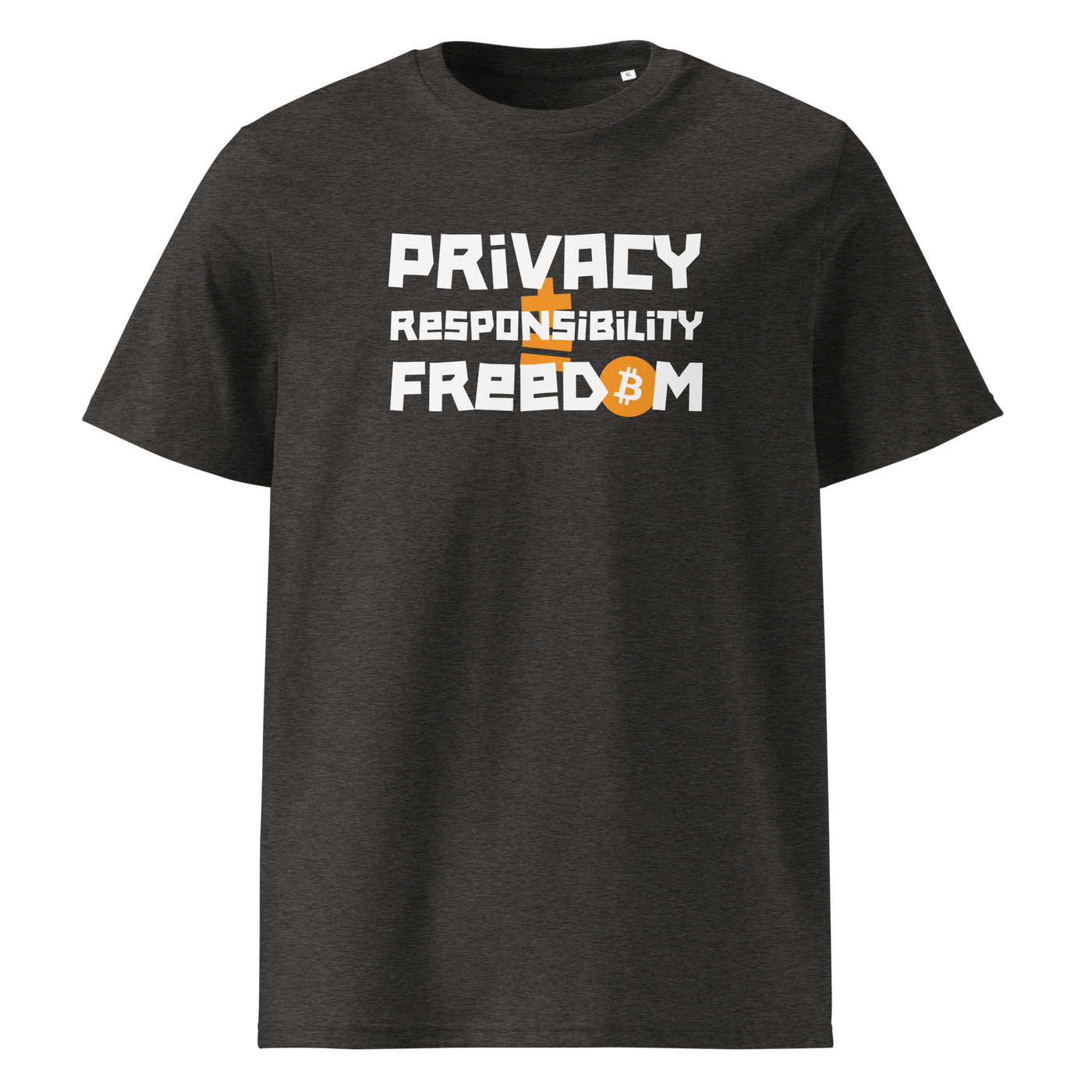 Privacy Responsibility Freedom organic cotton bitcoin t-shirt in Dark Heather Grey, front view: Privacy Responsibility Freedom in white stencil letters, the O of Freedom an orange bitcoin coin.