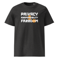 Privacy Responsibility Freedom organic cotton bitcoin t-shirt in Dark Heather Grey, front view: Privacy Responsibility Freedom in white stencil letters, the O of Freedom an orange bitcoin coin.