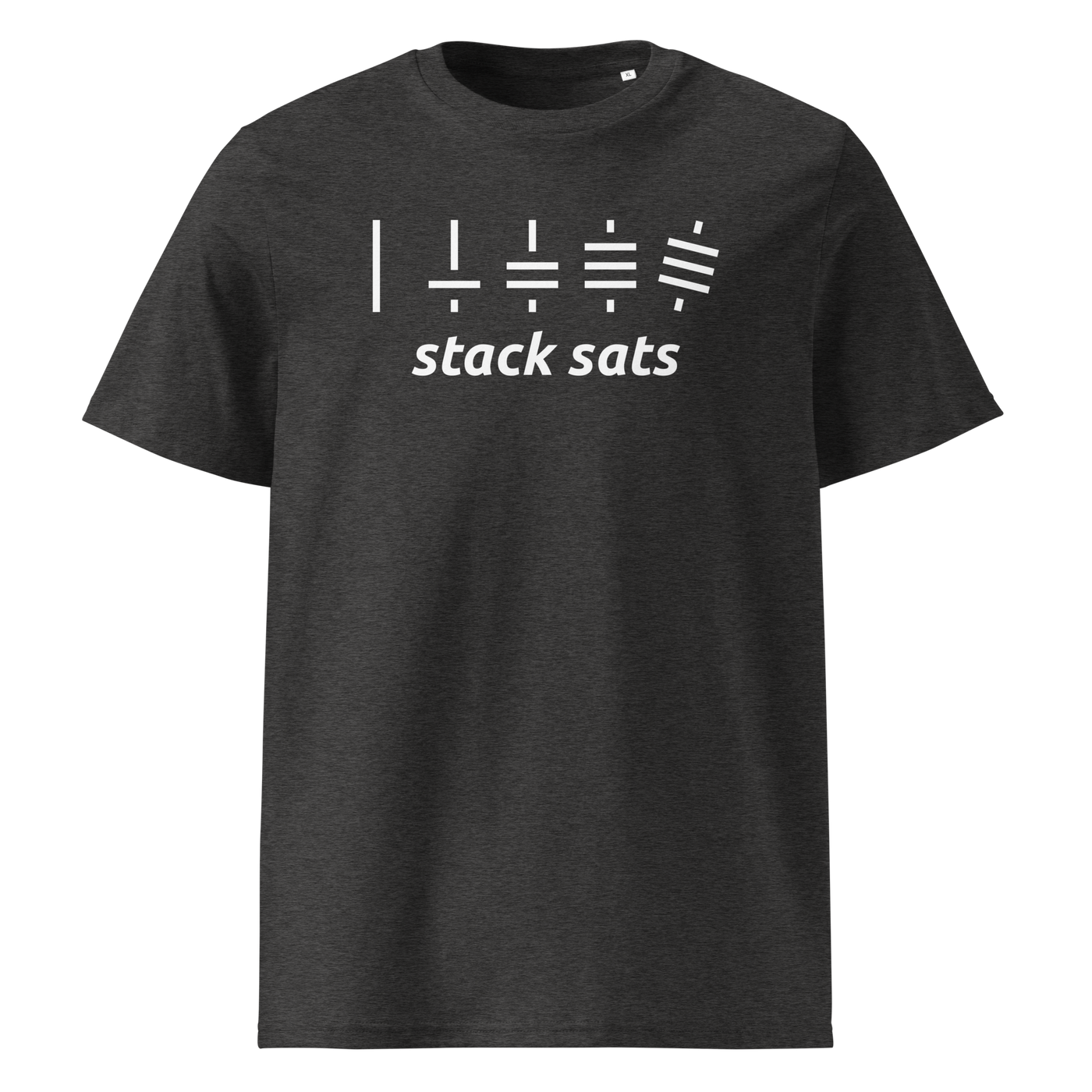 Stack Sats organic cotton bitcoin t-shirt in Dark Heather Grey, front view: five rising stacks of lines above the words stack sats.