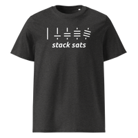 Stack Sats organic cotton bitcoin t-shirt in Dark Heather Grey, front view: five rising stacks of lines above the words stack sats.