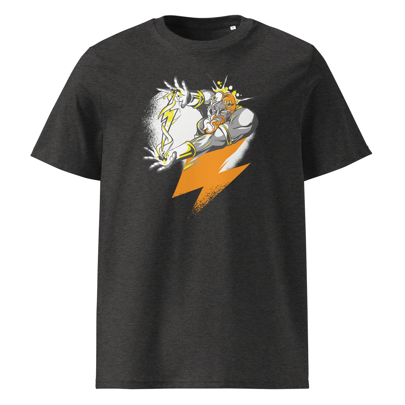 Bitcoin Support Zeus organic cotton bitcoin t-shirt in Dark Heather Grey, front view: Zeus hurling an orange lightning bolt from a cloud.