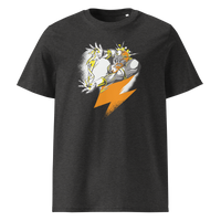 Bitcoin Support Zeus organic cotton bitcoin t-shirt in Dark Heather Grey, front view: Zeus hurling an orange lightning bolt from a cloud.