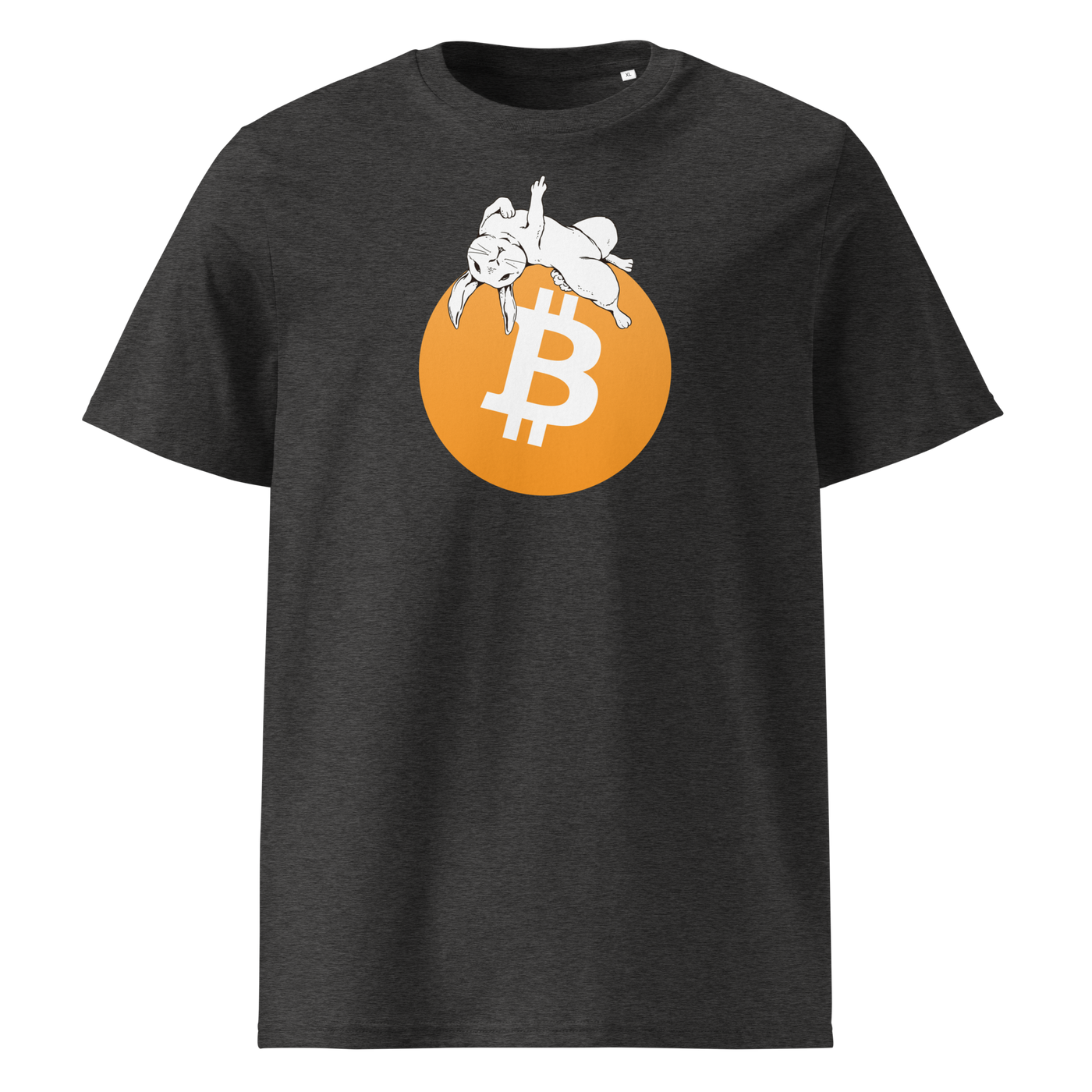 White Rabbit Bitcoin - F*** Fiat Money organic cotton bitcoin t-shirt in Dark Heather Grey, front view: a white rabbit leaping over a large orange bitcoin coin.