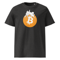 White Rabbit Bitcoin - F*** Fiat Money organic cotton bitcoin t-shirt in Dark Heather Grey, front view: a white rabbit leaping over a large orange bitcoin coin.