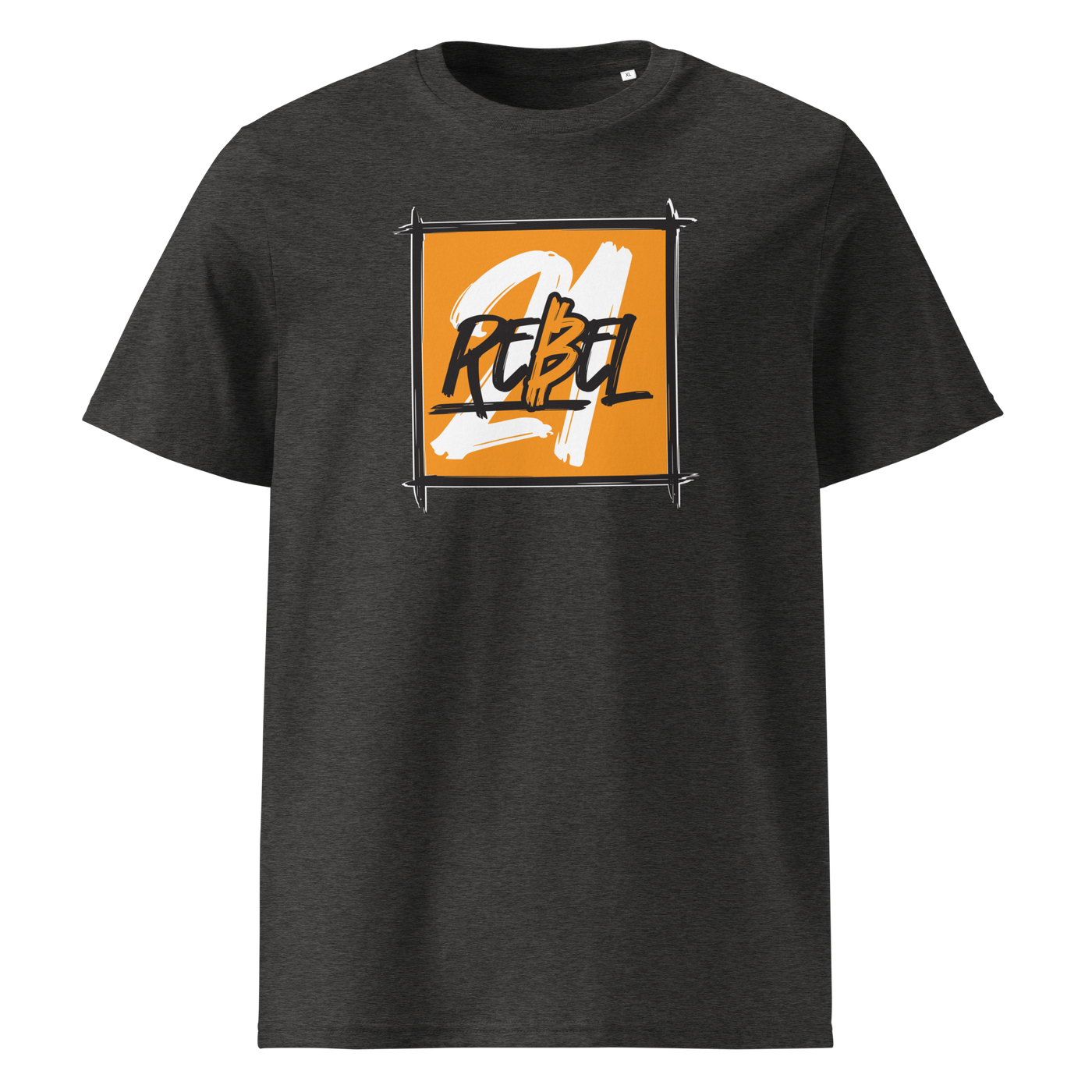 21 Rebel organic cotton bitcoin t-shirt in Dark Heather Grey, front view: a brushed orange square with 21 REBEL in white and black lettering.